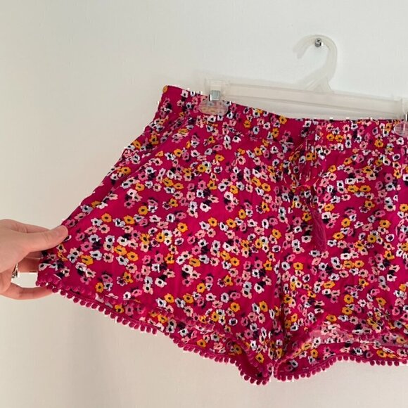 A.N.A Magenta Pink Blue Mustard Floral Pull On Drawstring Pom Pom Trim Shorts L - Picture 6 of 11